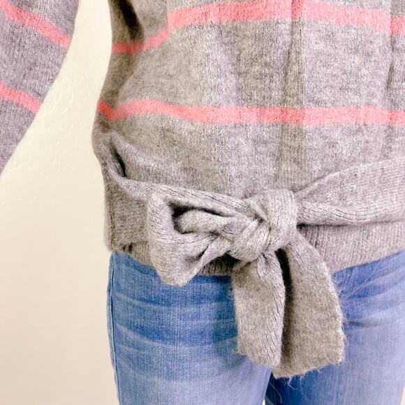 WAYF Striped Mock Neck Tie Waist Pullover Sweater Gray Pink Wool Blend Small - Picture 6 of 12